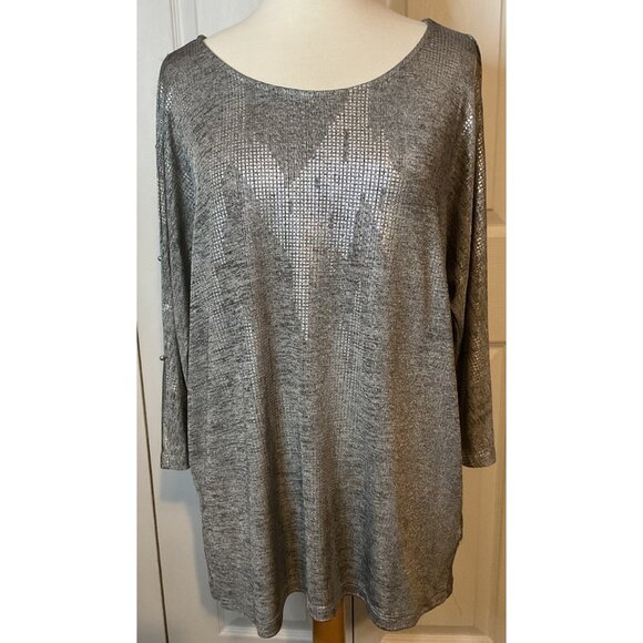 Ruby Rd Silver Open Slit Sleeve Long Sleeve Top Blouse Size Large - Picture 1 of 6